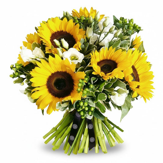 Flower Station bouquet of bright yellow sunflowers, white lisianthus, and green hypericum berries with pittosporum.